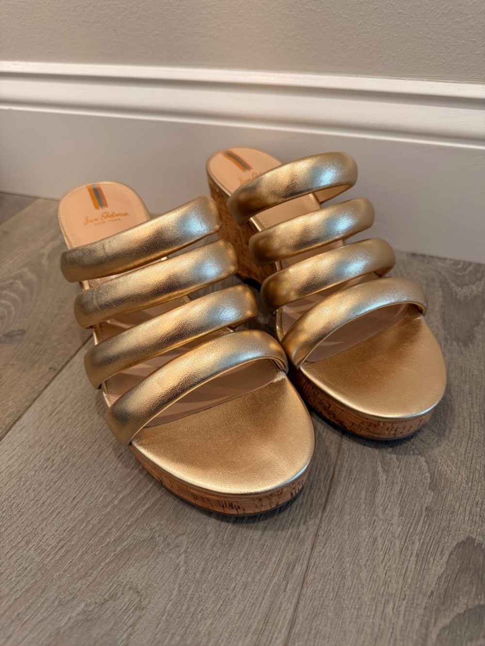 Sam Edelman Yuki Gold Metallic Cork Wedge Slide Sandals Strappy Platform Size 8.